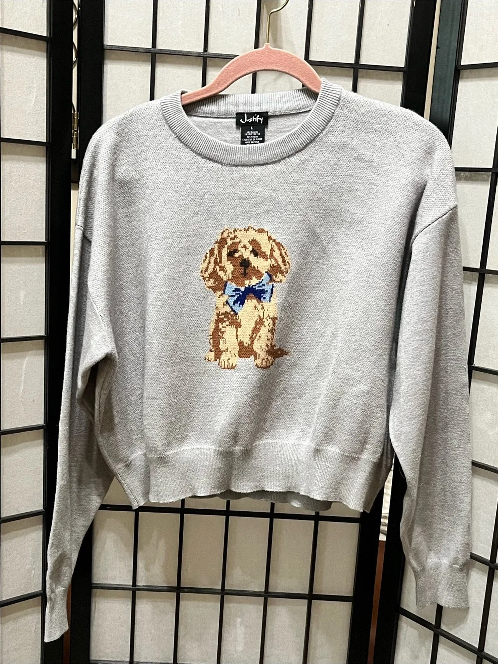 Justify Gray Sweater with Blue Bow Puppy Motif women SIZE S